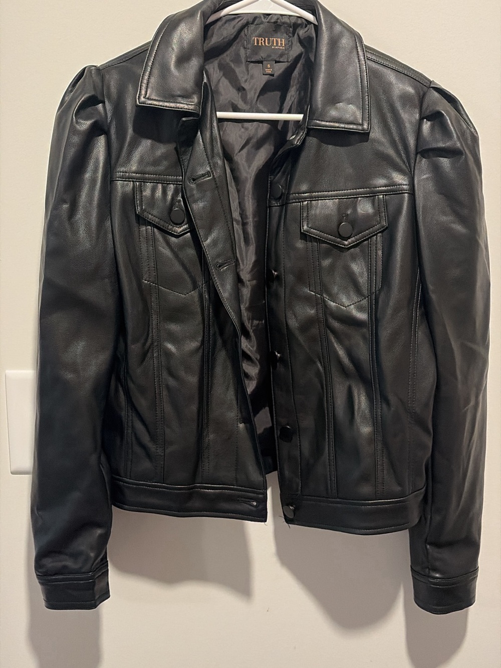 TRUTH Black Faux Leather Bomber Jacket with Button-Front